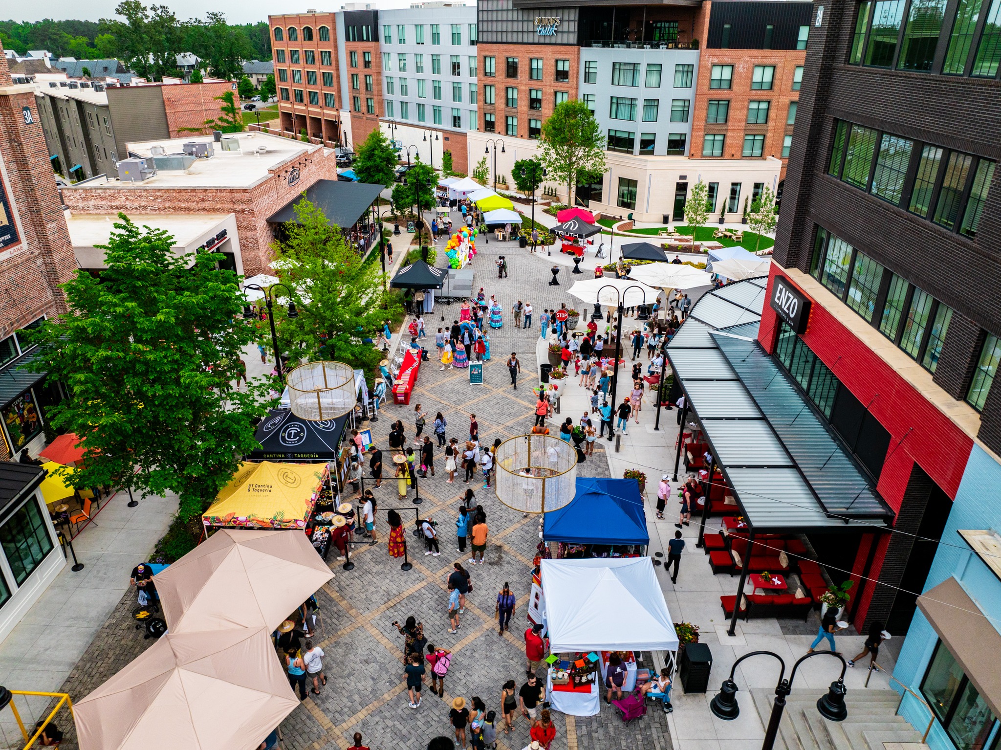 aerial view of downtown with street market and vendors
